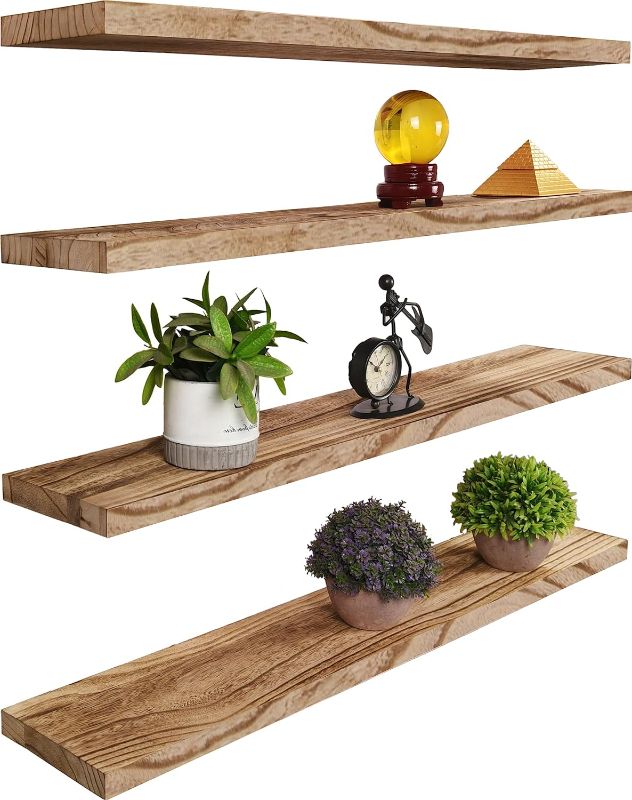 Photo 1 of Wood Floating Shelves for Wall Decor Storage, Hanging Rustic Wall Shelves for Bedroom Bathroom Kitchen Living Room, Set of 4 Light Walnut 36 Inch