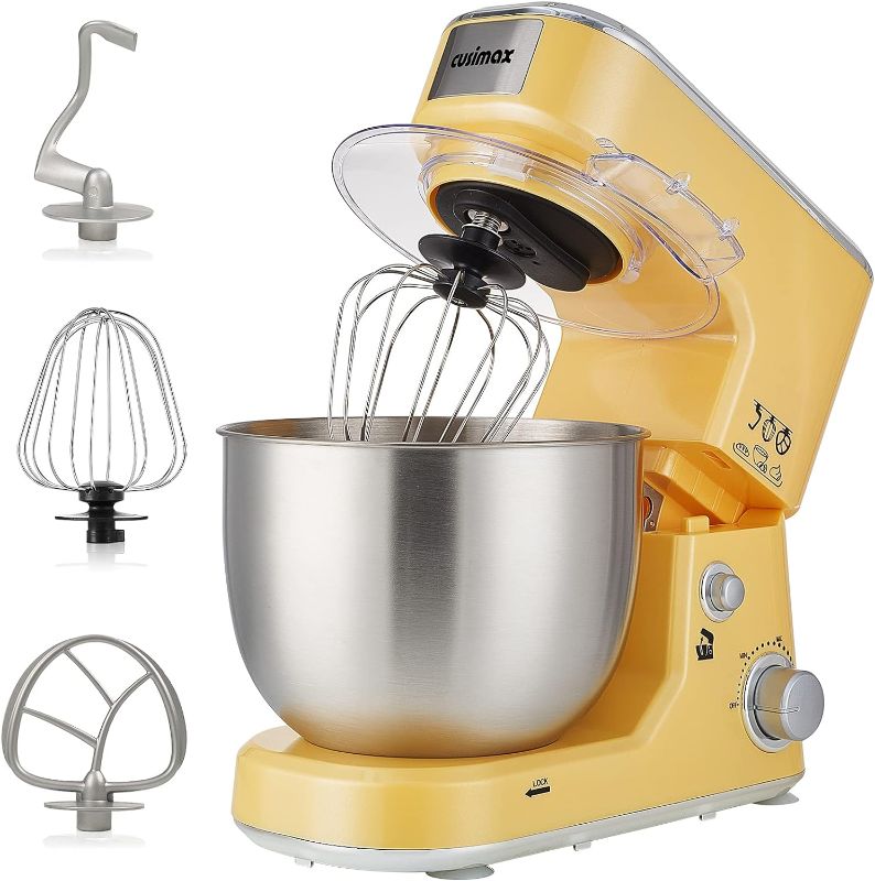 Photo 1 of CUSIMAX Stand Mixer with 5-QT Stainless Steel Bowl, Tilt-Head Kitchen Electric Mixer with Dough Hook, Mixing Beater and Whisk, Splash Guard (Yellow)