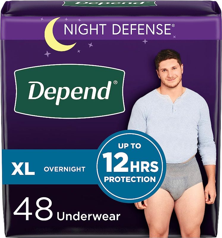 Photo 1 of Depend Night Defense Adult Incontinence Underwear for Men, Disposable, Overnight, Extra-Large, Grey, 48 Count (4 Packs of 12), Packaging May Vary