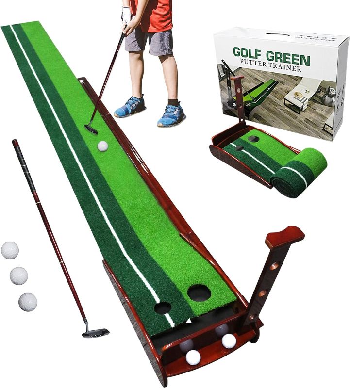 Photo 1 of Putting Matt for Indoors Putting Green, Golf Putting Mat with Ball Return and 2 Holes,Training Aid Mini Golf Set,Golf Accessories Gift for Men with Putter and 3 Balls for Indoor Outdoor,Office