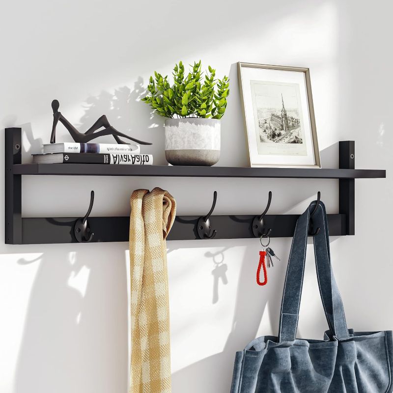 Photo 1 of BAMEOS Wall-Mounted Shelf with Hooks - 28.9 Inch Entryway Hanging Shelf with 5 Dual Hooks for Bathroom, Living Room, Bedroom (Black)