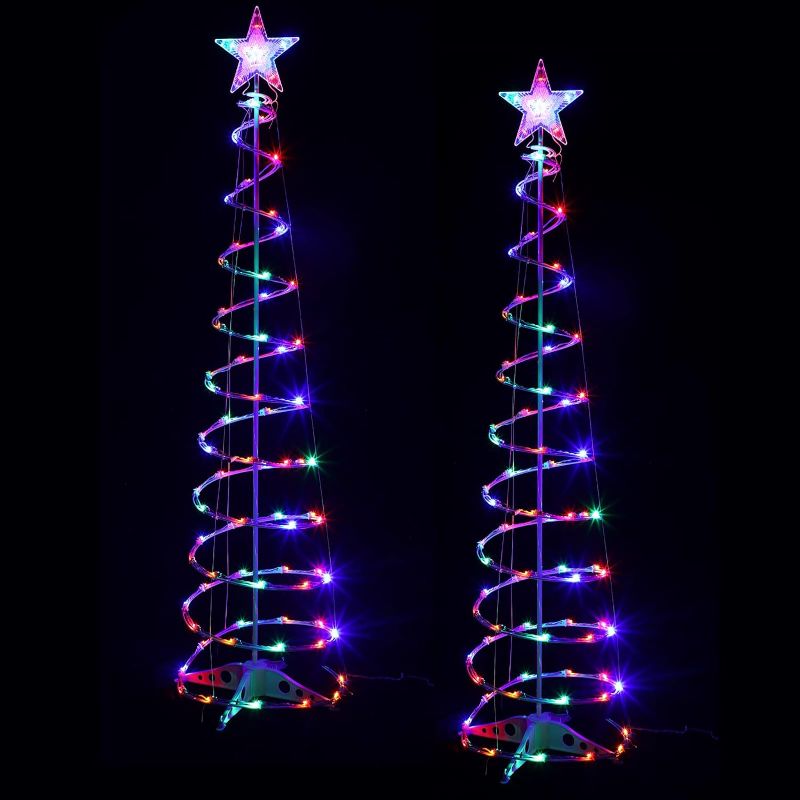 Photo 1 of Macarrie 2 Pack 6 Ft Spiral Christmas Trees Outdoor Light Up Christmas Tree 125 LEDs Plug in Tree Decor Cone Tree Decoration with Star Tree Topper for Christmas Outside Yard Porch Home (Colorful)