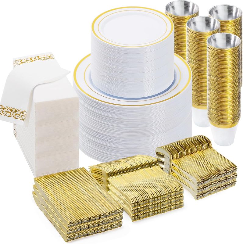 Photo 1 of 700PCS Gold Disposable Dinnerware Set (100 Guests), Plastic Plates for Party, Wedding, Party Supplies Include: 200 Plastic Plates, 100 Gold Silverware, 100 Cups, 100 Napkins