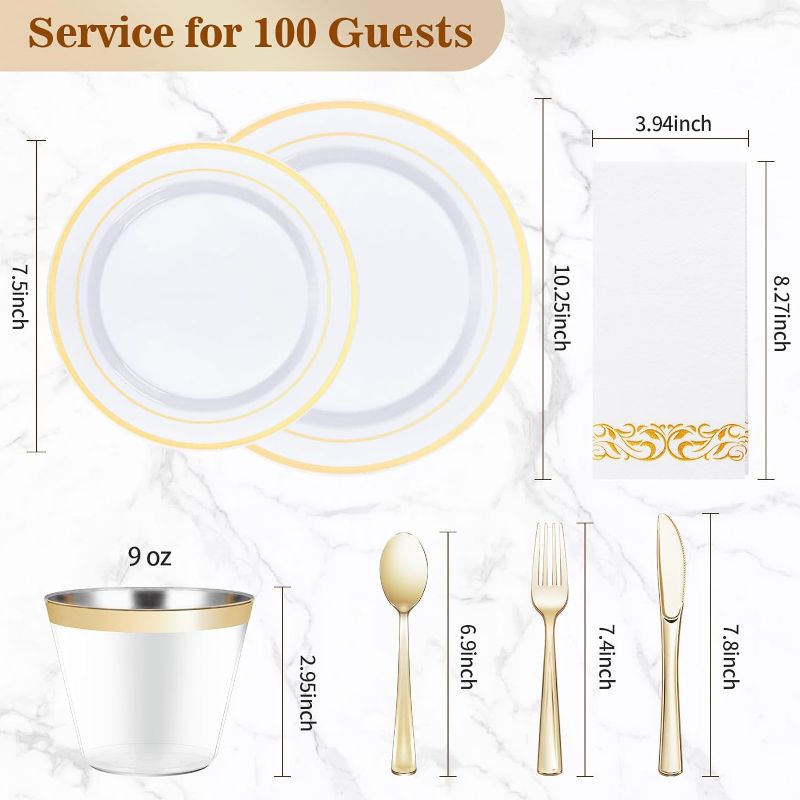 Photo 3 of 700PCS Gold Disposable Dinnerware Set (100 Guests), Plastic Plates for Party, Wedding, Party Supplies Include: 200 Plastic Plates, 100 Gold Silverware, 100 Cups, 100 Napkins