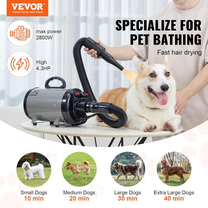 Photo 2 of Dog Dryer, 2800W/4.3 HP Dog Blow Dryer, Pet Grooming Dryer with Adjustable Speed and Temperature Control, Pet Hair Dryer with 4 Nozzles and Extendable Hose (Grey and Black)