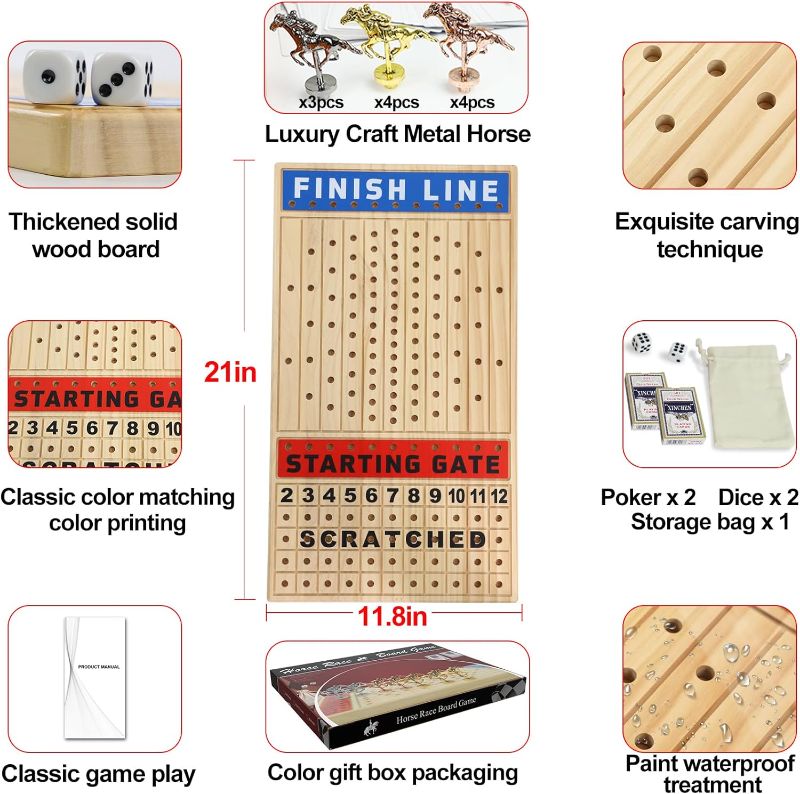 Photo 2 of Large 21 inches Horse Racing Board Game with 11 Luxury Metal Horses Thickened Wood Game Chessboard Including Dice and Cards Finish LINE Race Game Board