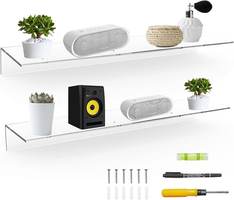 Photo 1 of 24 Inches Clear Floating Shelves for Wall, Acrylic Long Wall Shelf, Wall Mounted Shelves for Plants, Speaker, Radio, Funko Pop, Stuffed Animal, Books, Cosmetics, Toiletries, 2 Pack (24 Inch)…