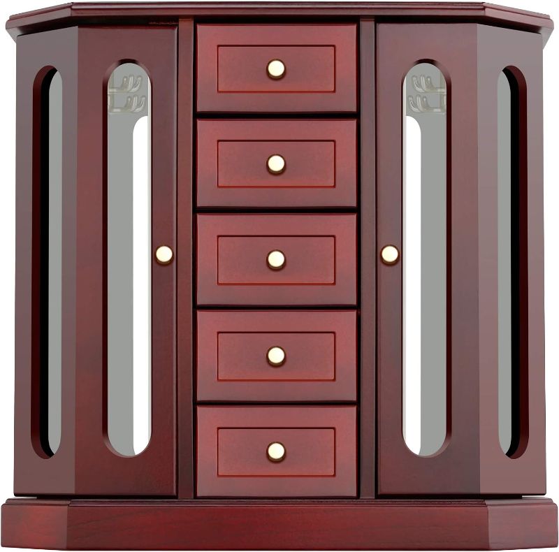 Photo 1 of RR ROUND RICH DESIGN Jewelry Box - Made of Solid Wood with Cabinet Type 5 Drawers Organizer and 2 Separated Open Doors on 2 Sides and Large Mirror Brown