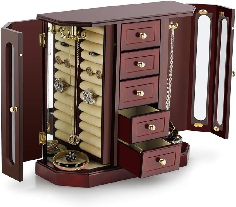 Photo 2 of RR ROUND RICH DESIGN Jewelry Box - Made of Solid Wood with Cabinet Type 5 Drawers Organizer and 2 Separated Open Doors on 2 Sides and Large Mirror Brown