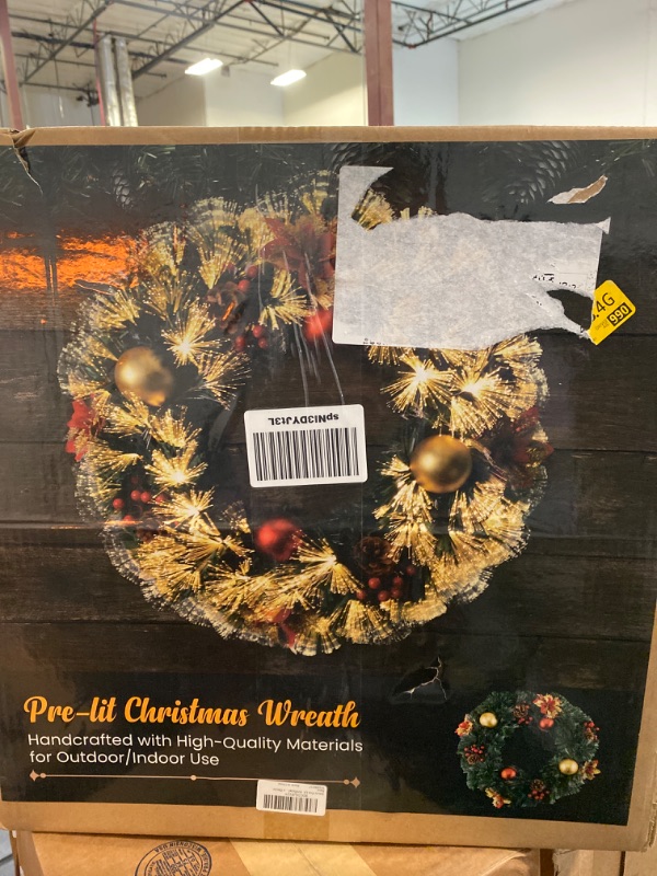 Photo 2 of Pre-lit Christmas Wreath 24" Extra Large Christmas Wreath Artificial Deluxe Lighted Plug in Christmas Decorations Ornament with Lights Door Window Fireplace Decor 10ft Cable
