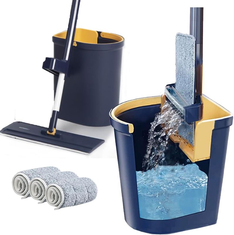 Photo 1 of Flat Floor Mop and Bucket Set with Hands-Free and Self-Wringing | Mop for Floor Cleaning, Floor Mop with Reusable Microfiber Mop Pad, for Hardwood, Laminate and Tile Floors, (Navy)