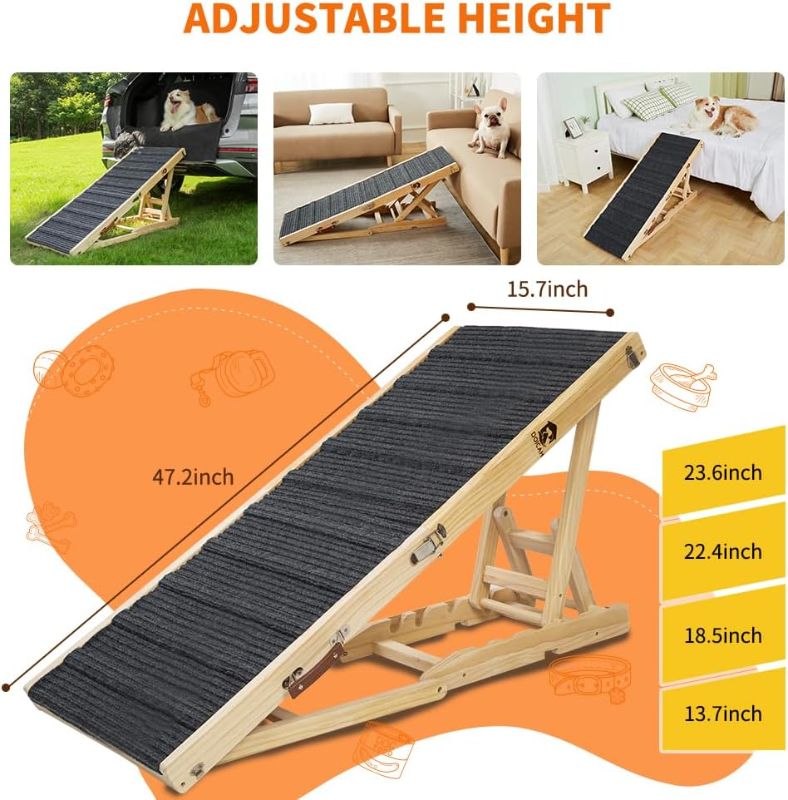 Photo 1 of Dog Ramp for Bed, Adjustable Pet Ramp for Couch, 47.2" Length Dog Ramp for High Bed, Wooden Folding Portable Dog car ramp Non Slip Carpet Surface 4 Adjustable Height 0"-24", Patent Design