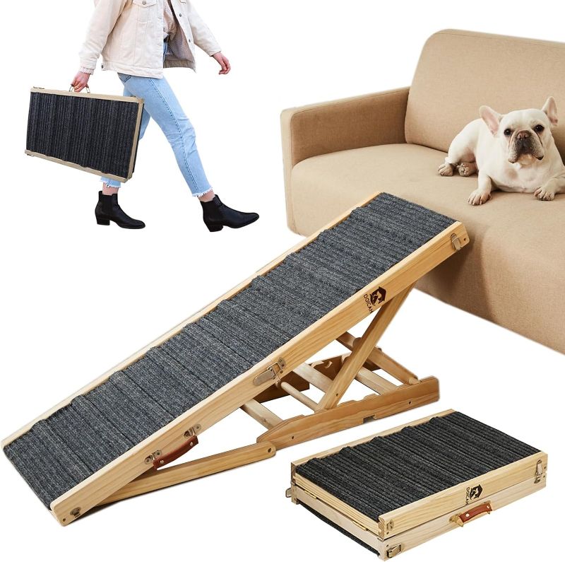 Photo 2 of Dog Ramp for Bed, Adjustable Pet Ramp for Couch, 47.2" Length Dog Ramp for High Bed, Wooden Folding Portable Dog car ramp Non Slip Carpet Surface 4 Adjustable Height 0"-24", Patent Design
