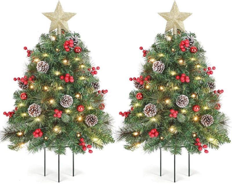 Photo 1 of 33 inch Christmas Trees with LED Lights 2 Pack, Outdoor Prelit Christmas Trees, Small Artificial Christmas Tree with Ornaments for Porch, Driveway, Yard, Garden