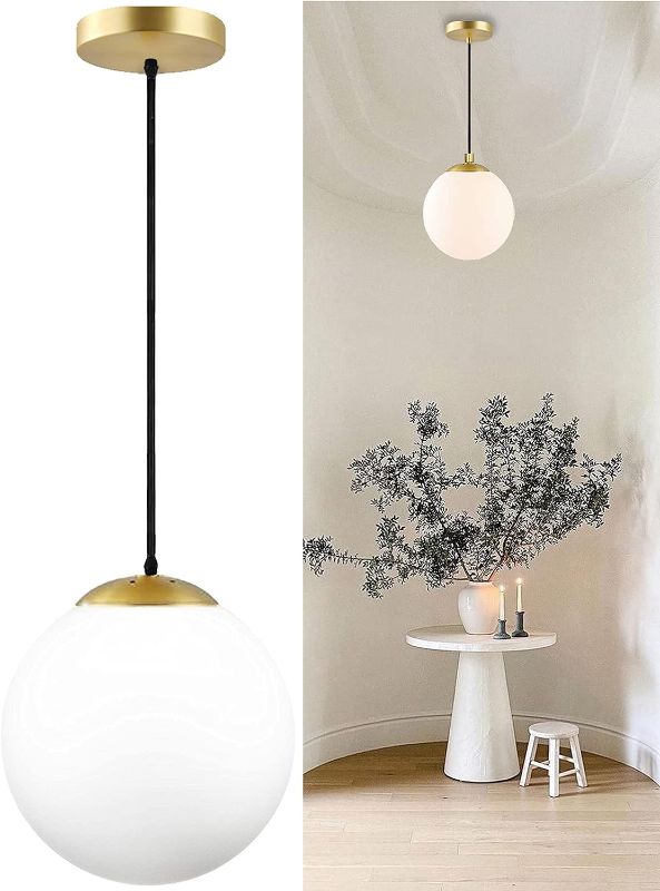 Photo 1 of KoKo&Yukina Modern Globe Pendant Light White Glass with Brass Finish Contemporary Mid Century Adjustable Hanging Light Fixture for Living Room Bedroom Bathroom Kitchen