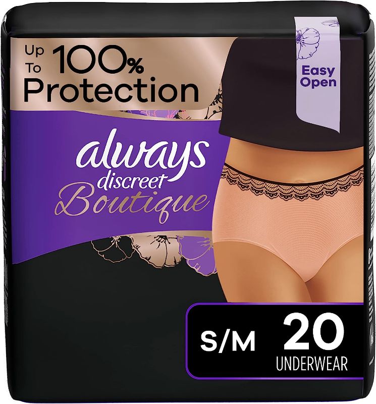 Photo 1 of Always Discreet Boutique Adult Incontinence & Postpartum Underwear For Women, High-Rise, Size Small/Medium, Rosy, Maximum Absorbency, Disposable, 20 Count (Packaging May Vary)