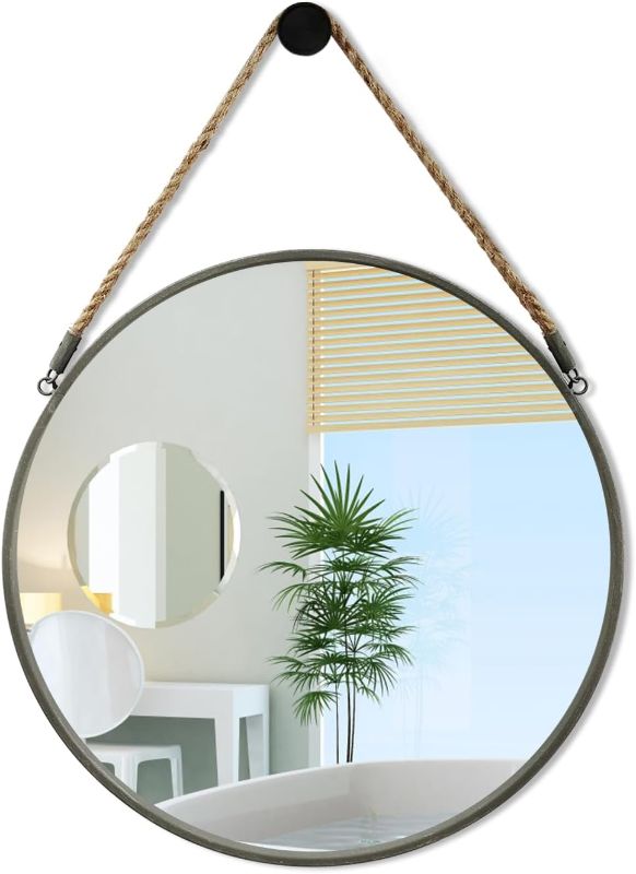 Photo 1 of Round 15 Inch Metal Mirror with Rope Hanging, Farmhouse Style, Grey