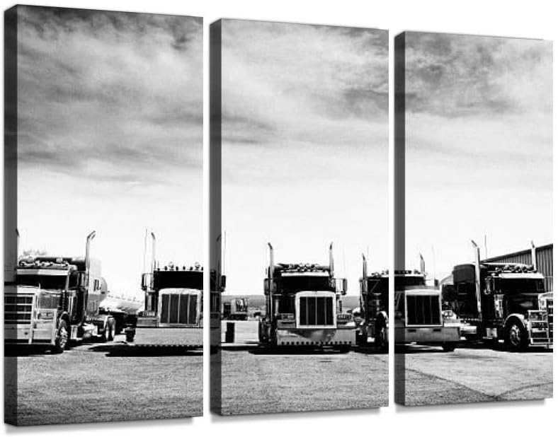 Photo 1 of Trucks Convoy, California Black And White Print On Canvas Wall Artwork Modern Photography Home Decor Unique Pattern Stretched and Framed 3 piece