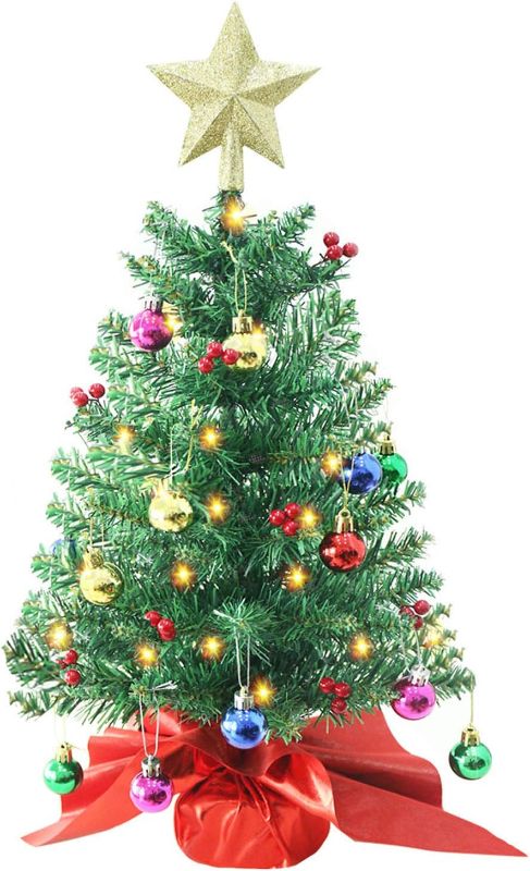 Photo 1 of 24 Inch Tabletop Christmas Tree, Artificial Mini Xmas Pine Tree with LED String Lights and Ornaments,Christmas Decoration Tree Decor
