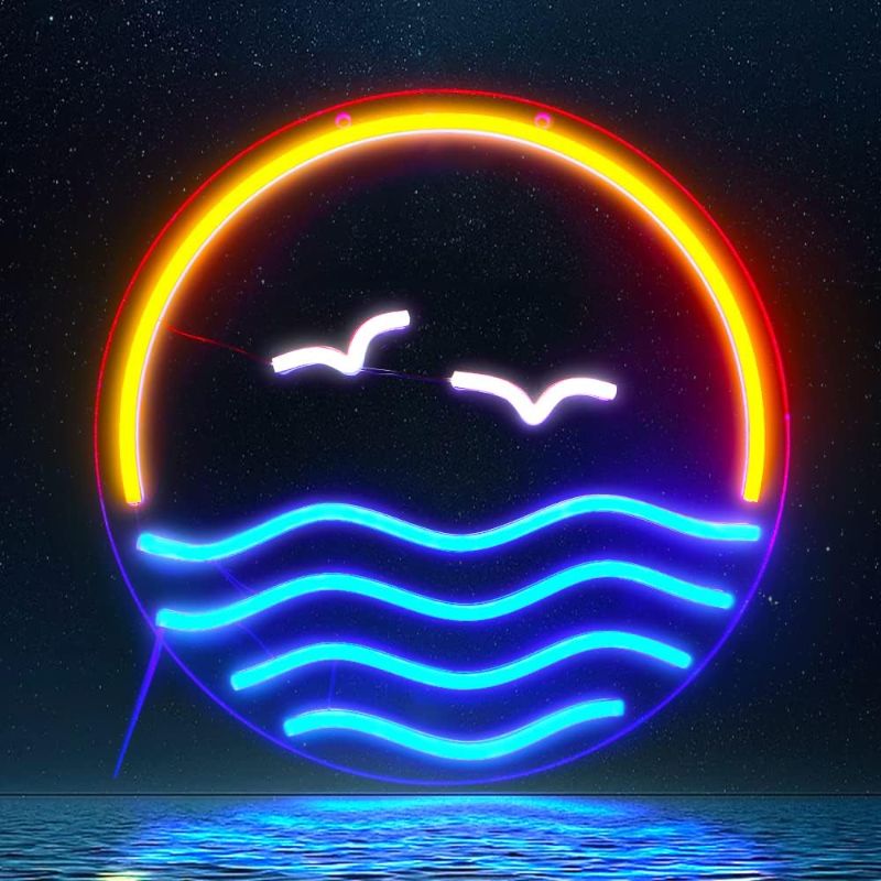 Photo 1 of Aclorol Sunset Sunrise Neon Signs Wall Decor Sea Wave LED Neon Sign Aesthetic Room Decor for Bedroom Backdrop Living Room Party Christmas Large LED Lights Up Sign USB Powered Handmade Acrylic 13x13’’