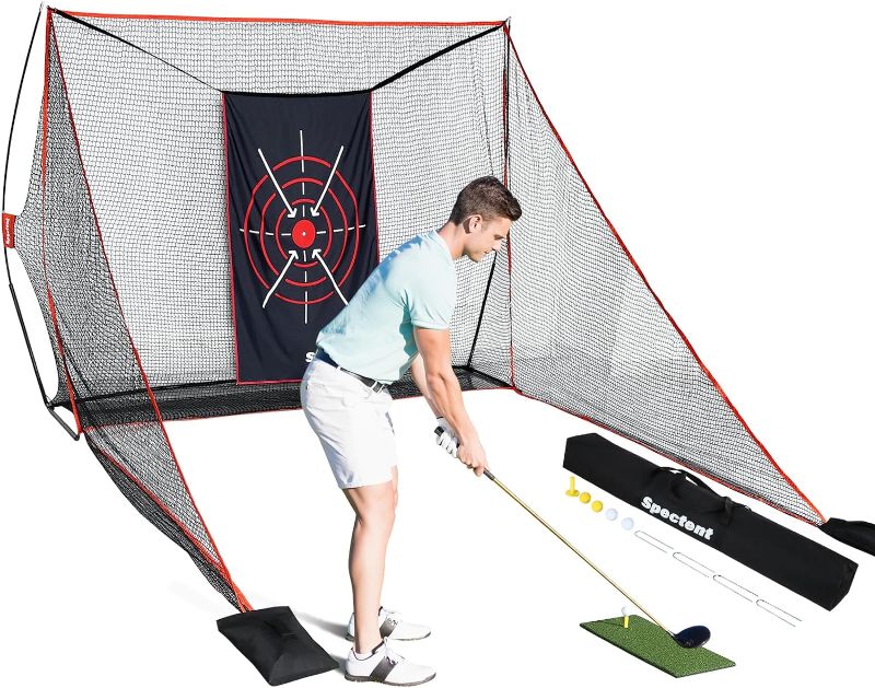 Photo 1 of Golf Practice Hitting Net, Golf Net for Backyard Driving Indoor or Outdoor, 10x7ft Heavy Duty Golf Net with 2 Protection Side Nets, Golf Mat, Target Cloth, Golf Tee, 4 Golf Balls, Carry Bag.