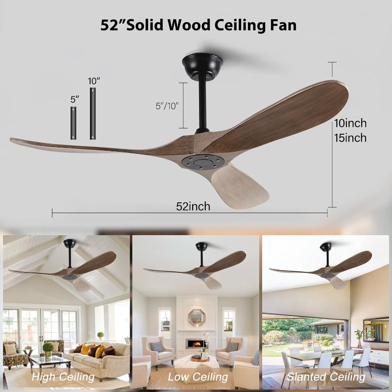 Photo 1 of 52" Ceiling Fans without Lights, Solid Wood Ceiling Fan No Light with Remote Control DC Motor Indoor Outdoor for Patios, Living Room, Bedroom, Farmhouse and Gazebo, Apricot Grey