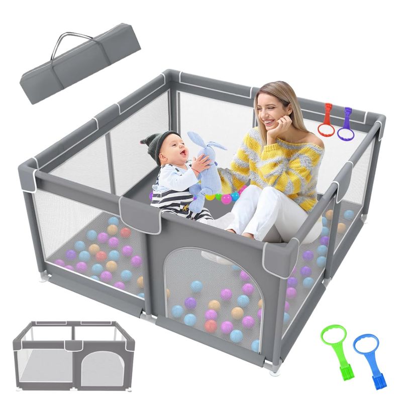 Photo 1 of Baby Playpen,Playpen for Babies and Toddlers,Extra Large Baby Play Yards Indoor & Outdoor,Safety Playard for Babies with Soft Breathable Mesh,No Gaps Play pens for Babies and Toddlers(71”×59”,Grey)