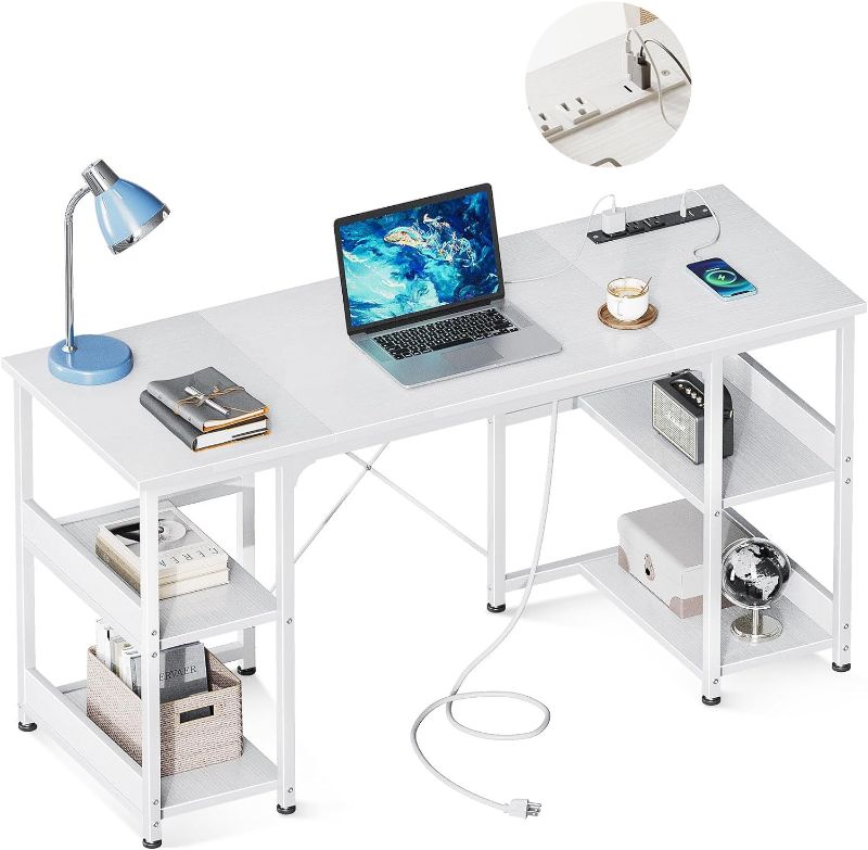 Photo 1 of 48 Inch Small Computer Desk with Power Outlets & USB Charging Port, Home Table with Storage Shelves, Student Laptop PC Desks for Small Spaces Home Office Writing Desk, White