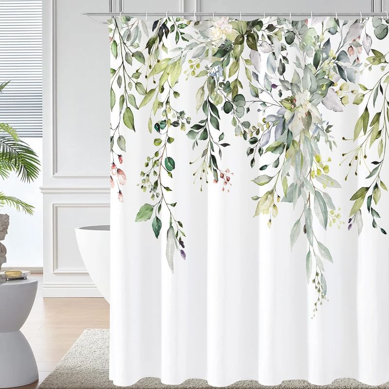 Photo 1 of Gibelle Sage Green Eucalyptus Shower Curtain, Watercolor Plant Leaves with Floral Bathroom Decor Waterproof Fabric Shower Curtain Set with Hooks 72x72 Inch White