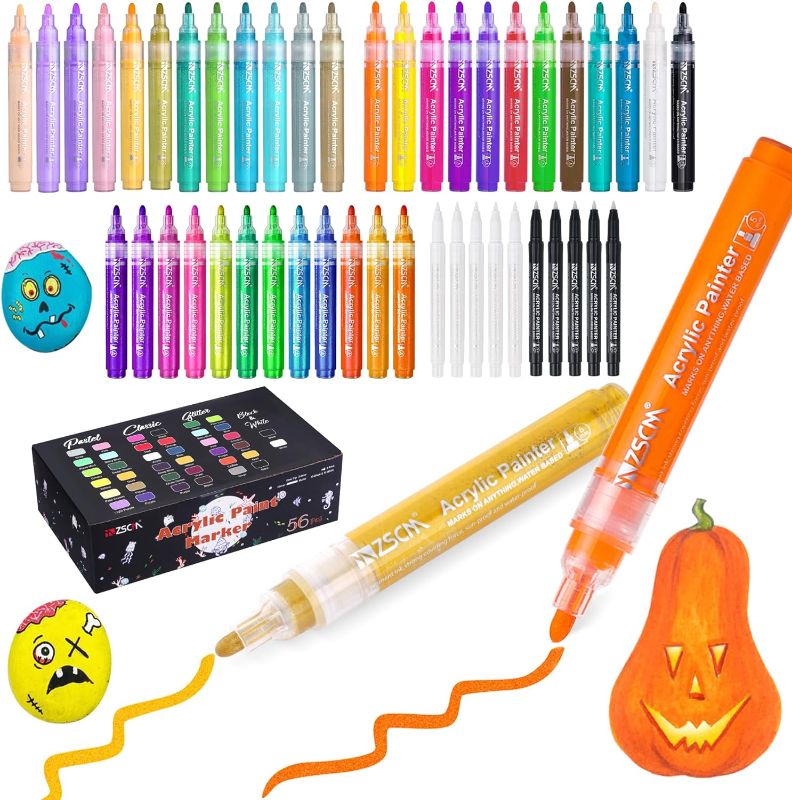 Photo 1 of Paint Pens Acrylic Markers, ZSCM 56 Colors Paint Markers for Halloween Pumpkin Painting, Metallic Art Marker, for Adults Card Making, Rocks Painting, Wood Slices, School Supplies