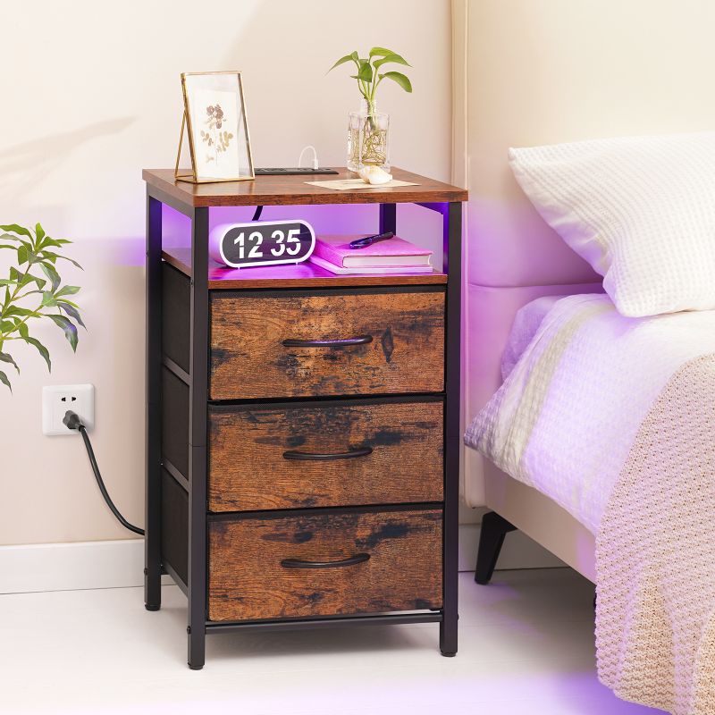 Photo 1 of Yoobure Night Stand with Charging Station, 16 Colors LED Nightstand with USB Ports and Outlets, End Table with 3 Fabric Drawers and Storage Shelf, Bedside Tables Small Dresser for Small Space Brown