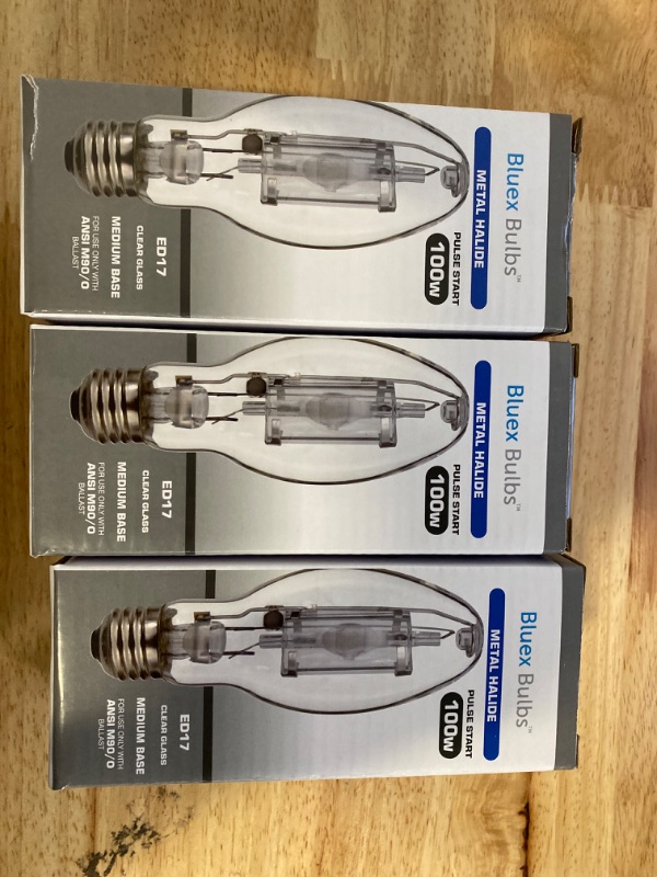 Photo 2 of Bluex Bulbs 3 Pack MP100/U/MED 100 Watt Metal Halide ED17 Bulb, Medium Base, Clear Metal Halide Bulb 100W