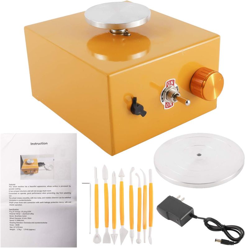 Photo 1 of Mini Pottery Wheel Machine Electric Ceramic Work Forming Machine with 2 Mini Turntable Tray Diameter 65mm(2-7/12") &100mm (4") DIY Clay Shaping Tools (Yellow)