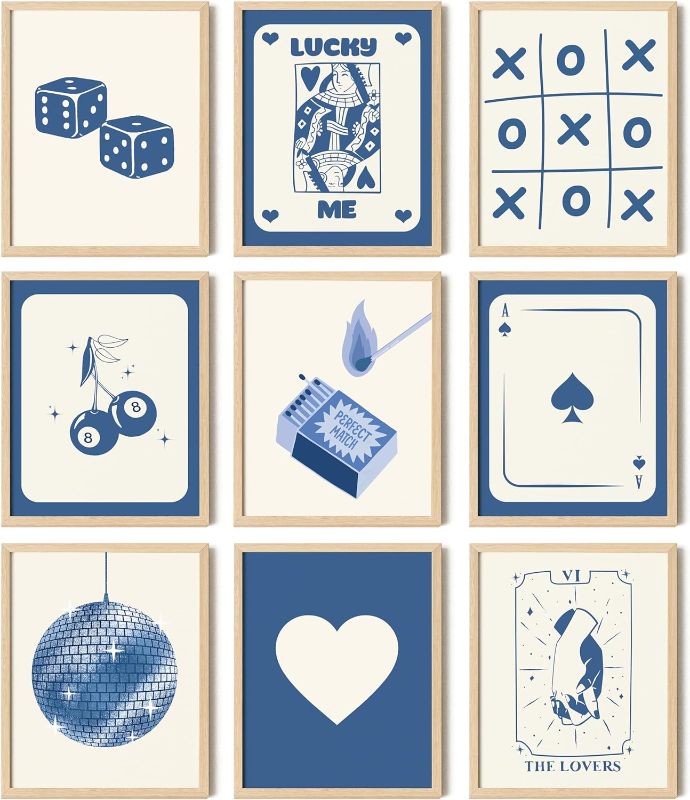 Photo 1 of 97 Decor Blue Lucky Poster - Playing Card Wall Art, Poker Room Decor, Blue Trendy Wall Art, Funky Posters Aesthetic Pictures, Retro Ace Prints Queen of Hearts Decor for Bedroom