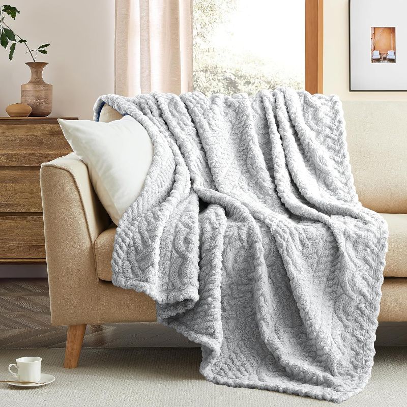 Photo 1 of Throw Blanket,Cable Pattern Decorative Soft Cozy Blanket for Couch Sofa,Light Weight Fleece Warm Throw Blanket for Bed,Grey
