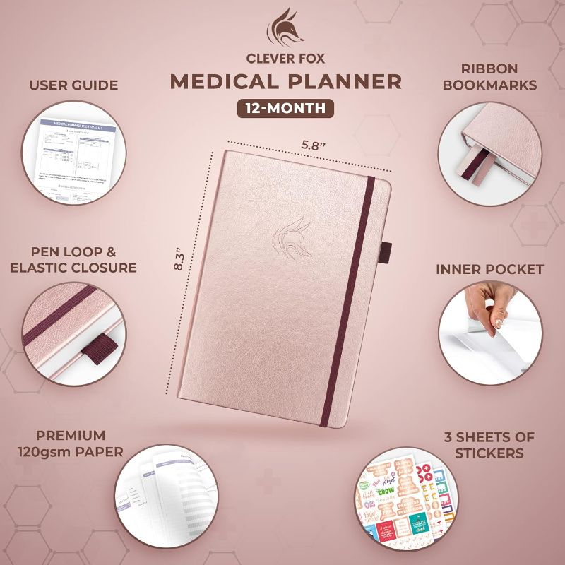Photo 2 of Clever Fox Compact A5 Medical Planner 12-Month – Medical Notebook, Health Diary, Wellness Journal & Logbook to Track Health – Self-Care Medical Journal – 12 Months, Undated (Rose Gold)