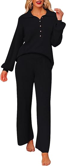 Photo 1 of Women's 2 Piece Outfit Sweater Set Long Sleeve Button Knit Pullover Top Wide Leg Pants Pocket Size L
