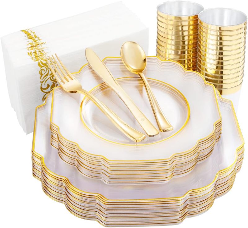 Photo 1 of Hioasis 140pcs Clear Gold Plastic Plates - Gold Disposable Plates Served for 20 Guests include 20 Dinner Plates,20 Dessert Plates,20 Knives,20 Forks,20 Spoons,20 Cups,20 Napkins for Party & Weddings