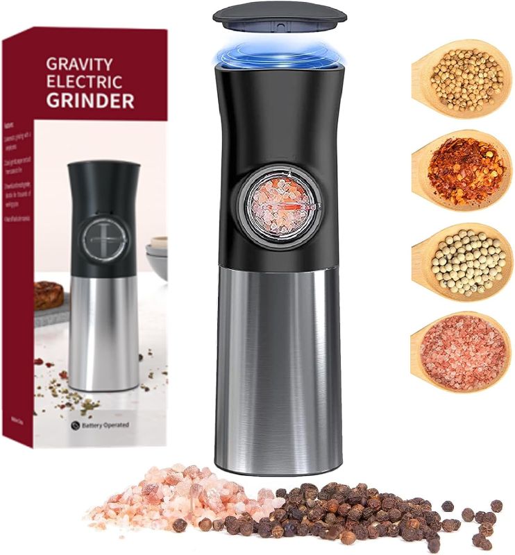 Photo 1 of Electric Pepper Grinder,Automatic Gravity Salt and Pepper Mill with Led Light,Dustproof Cover,Peppercorn Grinder Battery Operated,Adjustable Coarseness,Refillable,One Hand Operation