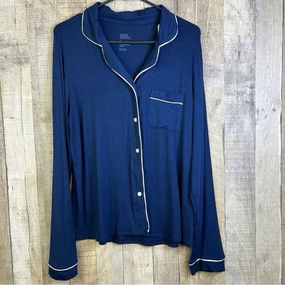 Photo 1 of Stars Above Long Sleeve Button Front 1 Pocket Sleep Shirt Navy Blue White Size XXL