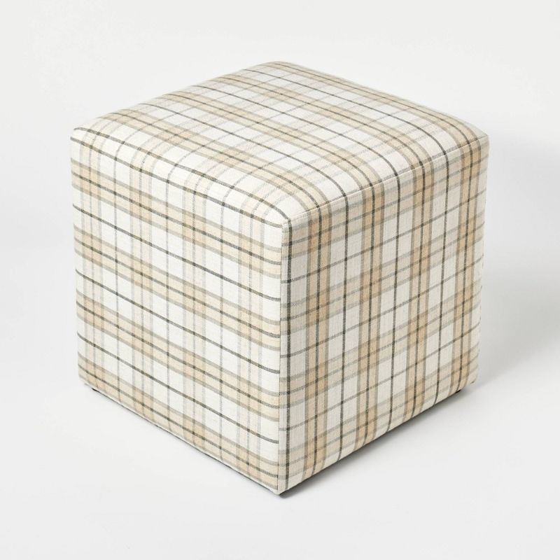 Photo 1 of Lynwood Square Upholstered Cube Ottoman Cream/Brown Plaid - Threshold™ Designed with Studio McGee