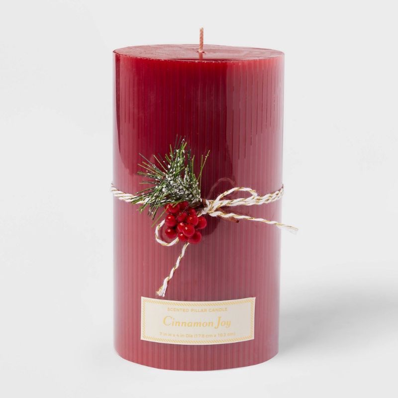 Photo 1 of 4 X 7 Ribbed Scented Pillar Candle Red - Threshold