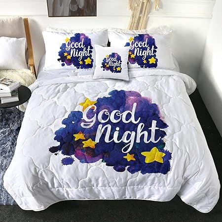 Photo 1 of Sleepwish Goodnight Comforter Set Queen Size, 4 Pieces Watercolor Stars and Sky Comforter for Kid and Teens, Reversible Bedding with 2 Pillow Shams 1 Cushion Cover, Purple Blue Yellow
