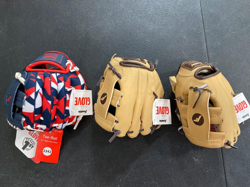 Photo 3 of 3 piece lot - 2x Franklin Sports RTP 8.5" Teeball Glove - Camel/Brown / Franklin Sports 8'' Teeball Glove - Red/White/Blue
