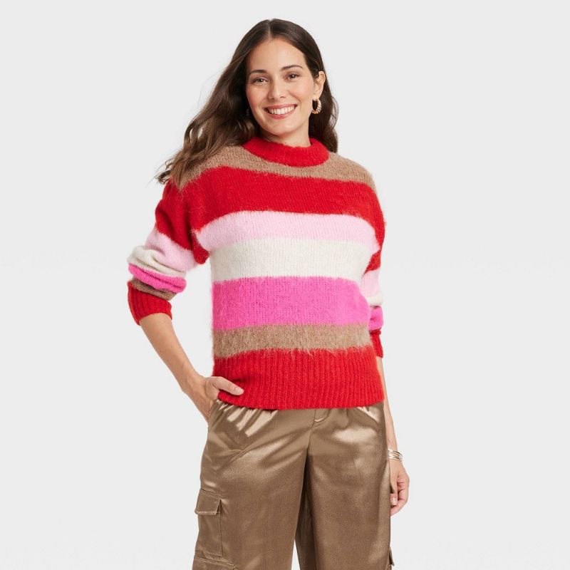 Photo 1 of (XL) Women's Crewneck Brushed Pullover Sweater - a New Day™ Pink/Red/White/Brown Striped XL