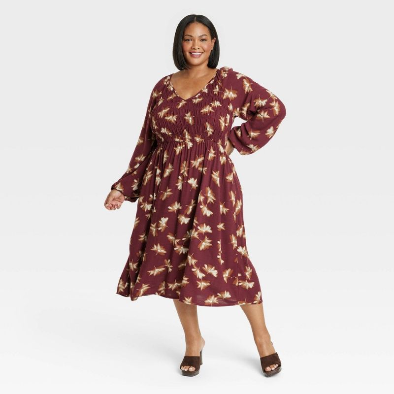 Photo 1 of Women's Balloon Long Sleeve Smocked MIDI Bodice Dress - Ava & Viv™ Burgundy Floral 3X