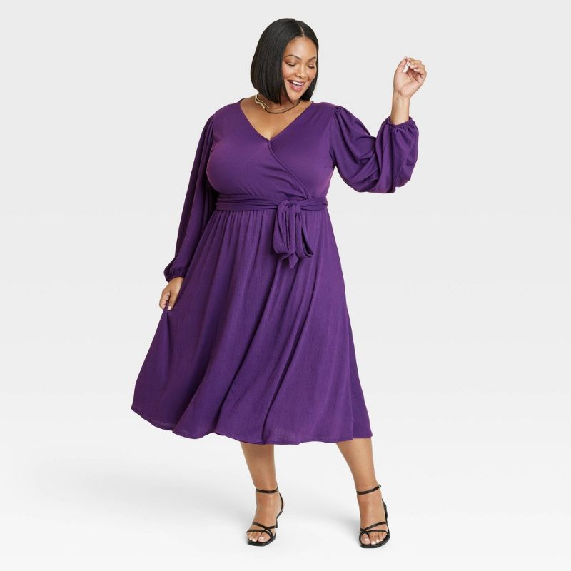 Photo 1 of Women's Balloon Long Sleeve Knit V-Neck Faux Wrap MIDI Dress - Ava & Viv™ Purple 2X