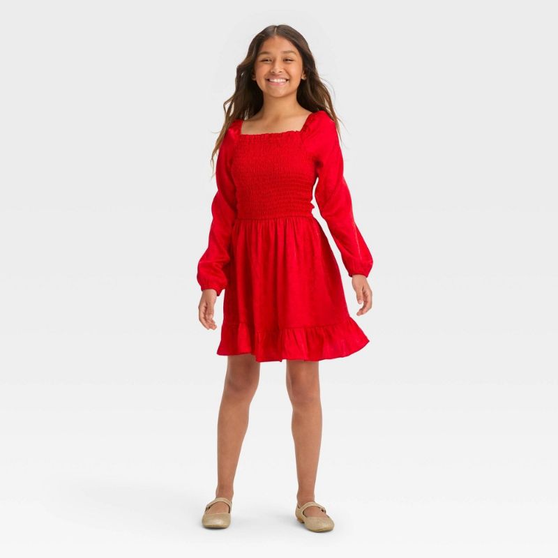 Photo 1 of Girls' Long Sleeve Jacquard Smocked Bodice Dress - Art Class™ Red L