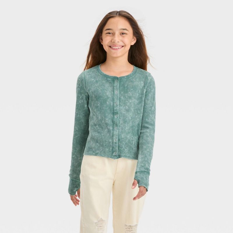 Photo 1 of Girls' Long Sleeve Button-Down Waffle Shirt - Art Class™ Green L