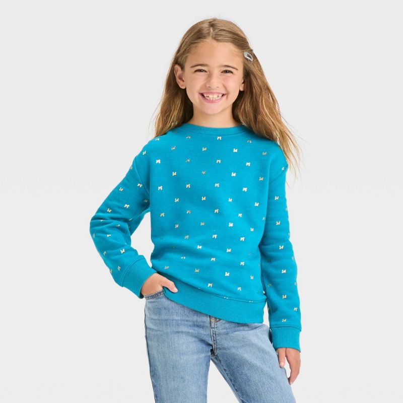 Photo 1 of Girls' Crewneck 'Foil Bow' Fleece Pullover Sweatshirt - Cat & Jack™ Teal Blue XL